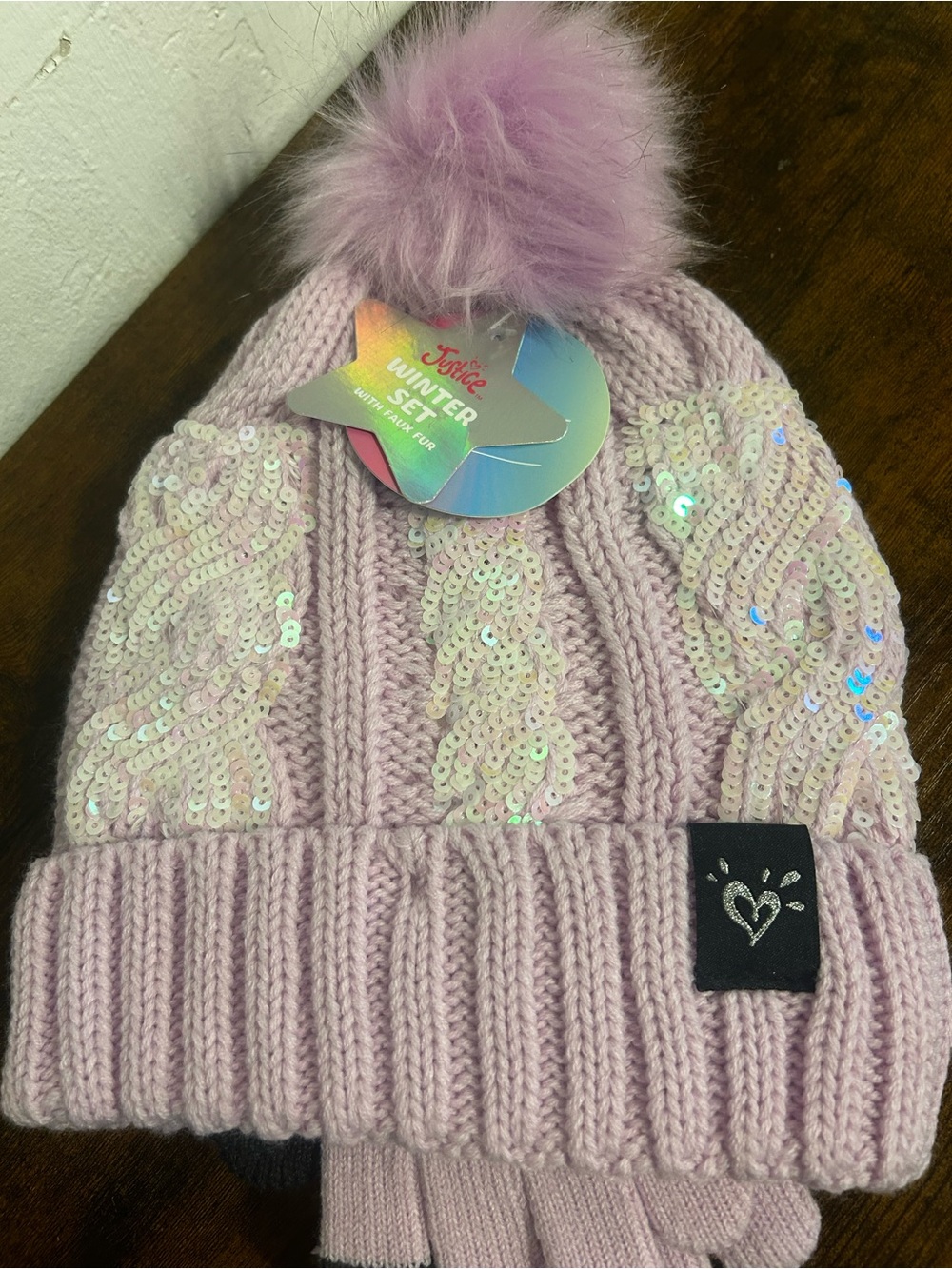Justice Kids Pink Sequin Pom Beanie Hat/mittens set- Cozy Winter Accessory